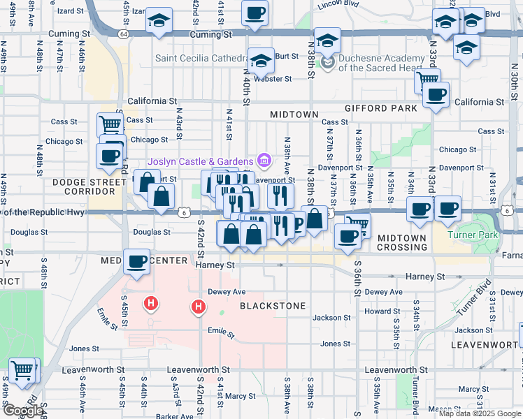 map of restaurants, bars, coffee shops, grocery stores, and more near 120 North 39th Street in Omaha