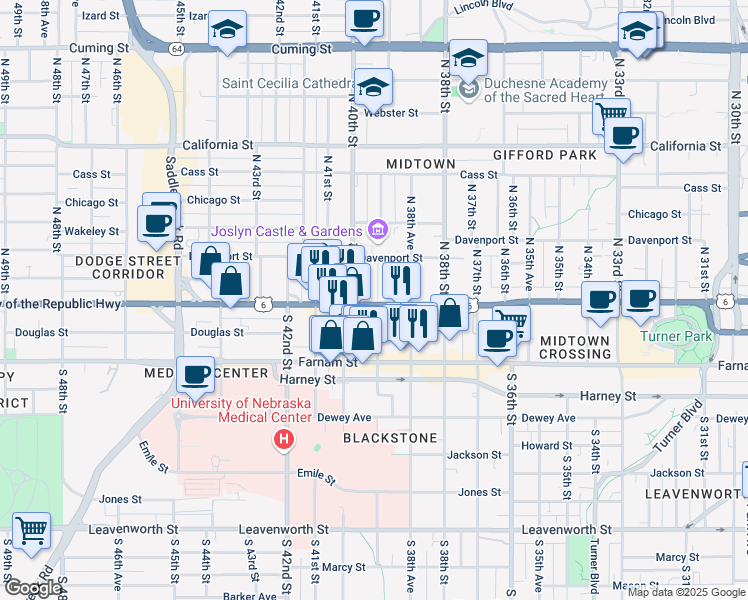 map of restaurants, bars, coffee shops, grocery stores, and more near 120 North 39th Street in Omaha