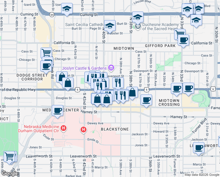 map of restaurants, bars, coffee shops, grocery stores, and more near 125 North 39th Street in Omaha