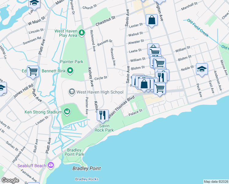 map of restaurants, bars, coffee shops, grocery stores, and more near 43 Savin Park in West Haven