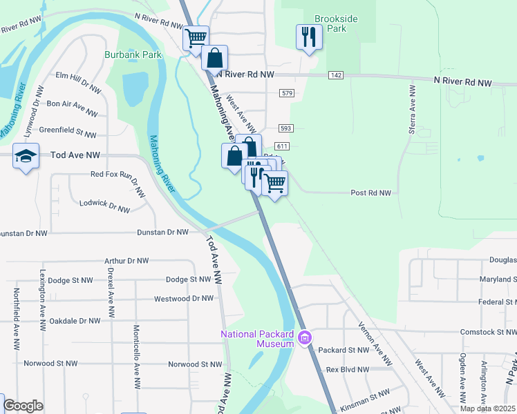 map of restaurants, bars, coffee shops, grocery stores, and more near 2700 Mahoning Avenue in Warren