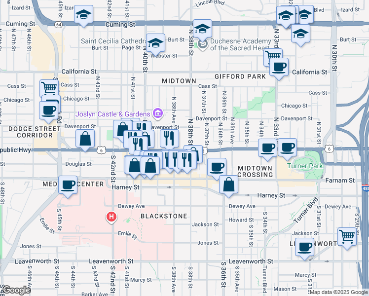map of restaurants, bars, coffee shops, grocery stores, and more near 123 North 38th Avenue in Omaha