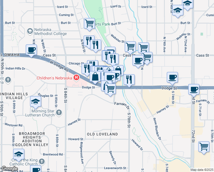 map of restaurants, bars, coffee shops, grocery stores, and more near 7834 Dodge Street in Omaha