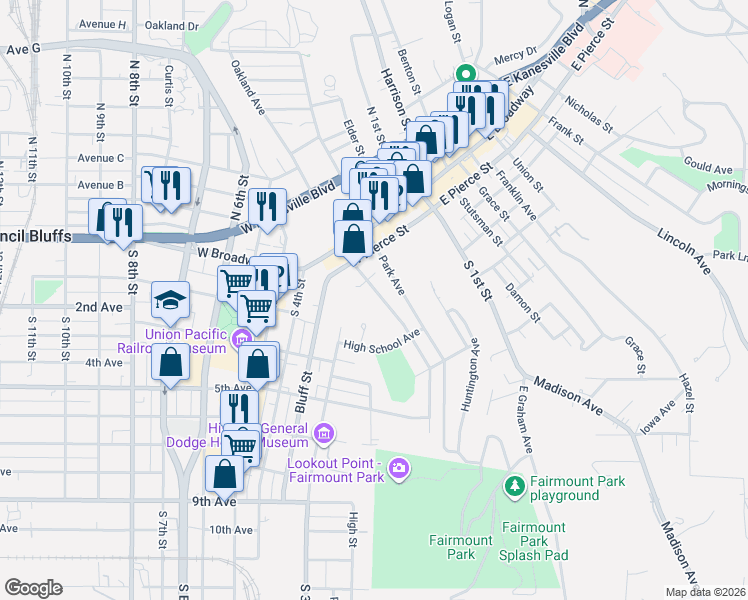 map of restaurants, bars, coffee shops, grocery stores, and more near 135 Glen Avenue in Council Bluffs