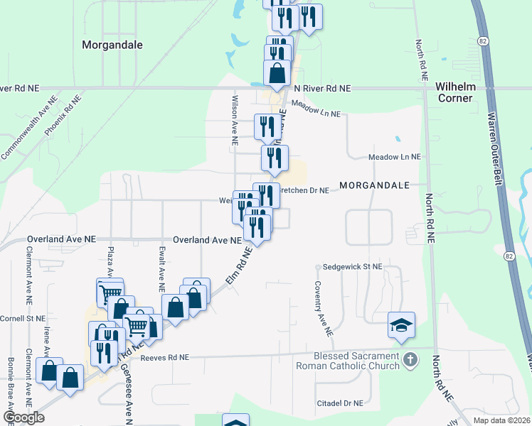 map of restaurants, bars, coffee shops, grocery stores, and more near 2668 Elm Road Northeast in Cortland