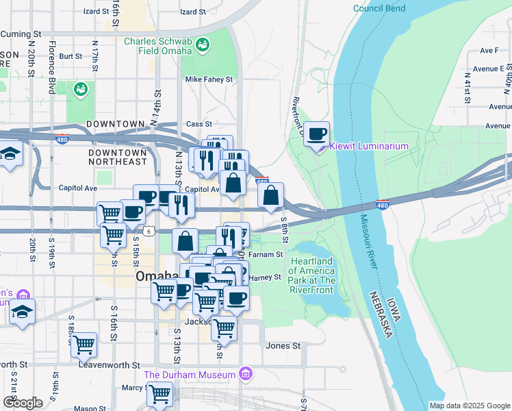 map of restaurants, bars, coffee shops, grocery stores, and more near 112 North 9th Street in Omaha