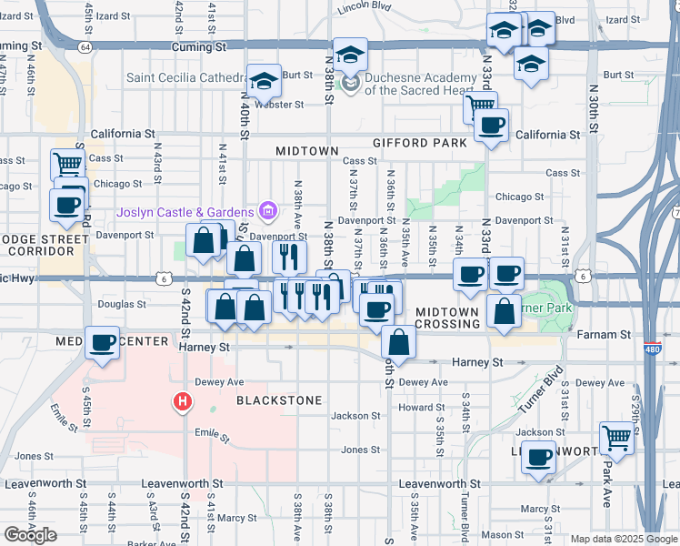 map of restaurants, bars, coffee shops, grocery stores, and more near 3716 Dodge Street in Omaha