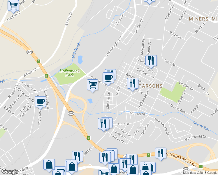 map of restaurants, bars, coffee shops, grocery stores, and more near 99 George Avenue in Wilkes-Barre