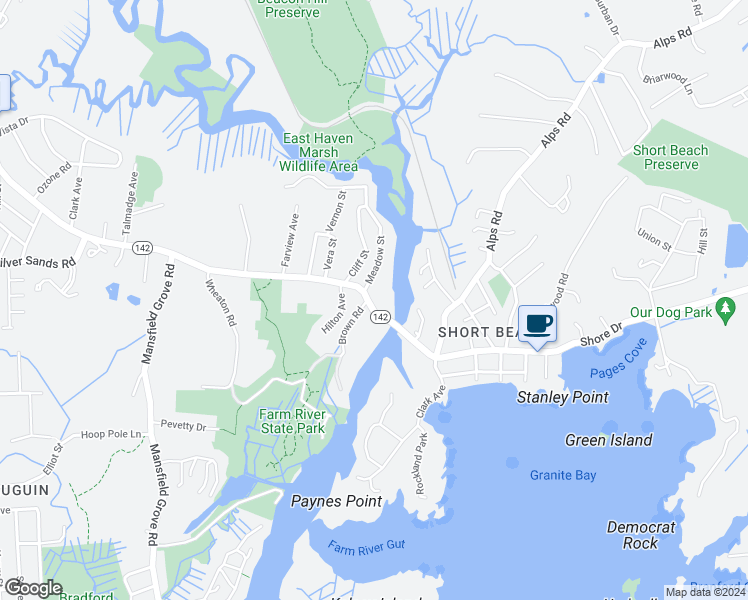 map of restaurants, bars, coffee shops, grocery stores, and more near 10 Meadow Street in East Haven
