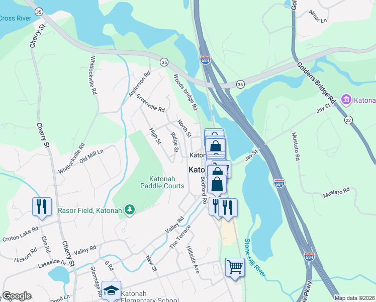 map of restaurants, bars, coffee shops, grocery stores, and more near 15 North Street in Katonah
