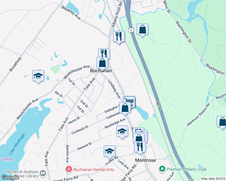 map of restaurants, bars, coffee shops, grocery stores, and more near 155 Lindsey Avenue in Buchanan