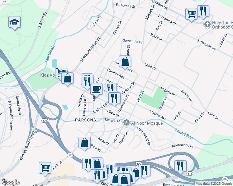 map of restaurants, bars, coffee shops, grocery stores, and more near 180-188 Austin Avenue in Wilkes-Barre