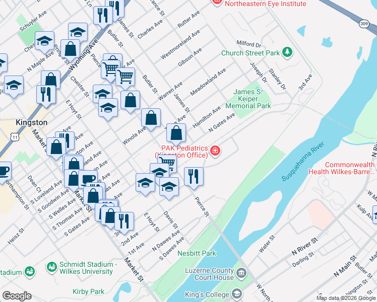 map of restaurants, bars, coffee shops, grocery stores, and more near 471 Tioga Avenue in Kingston