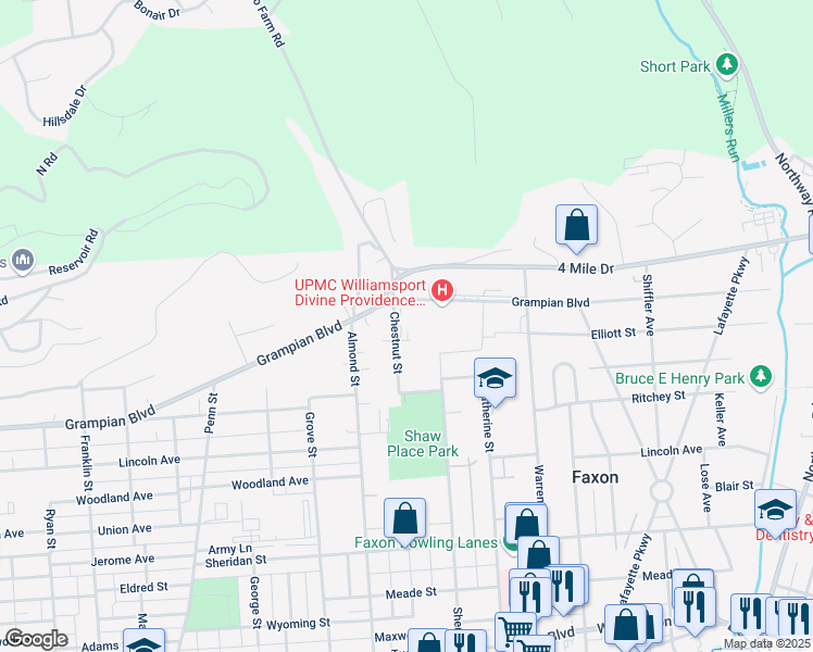 map of restaurants, bars, coffee shops, grocery stores, and more near 1001 Grampian Boulevard in Williamsport