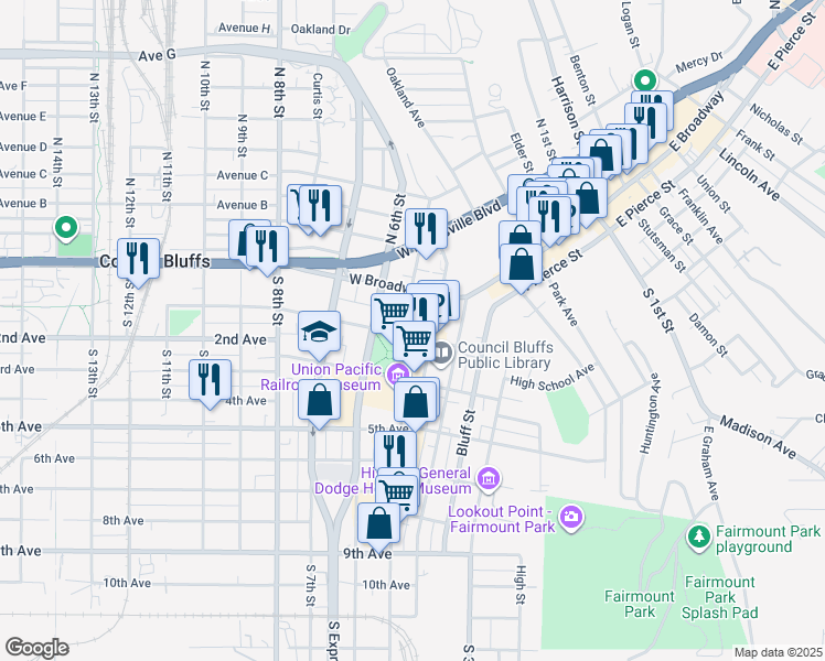 map of restaurants, bars, coffee shops, grocery stores, and more near 38 Pearl Street in Council Bluffs