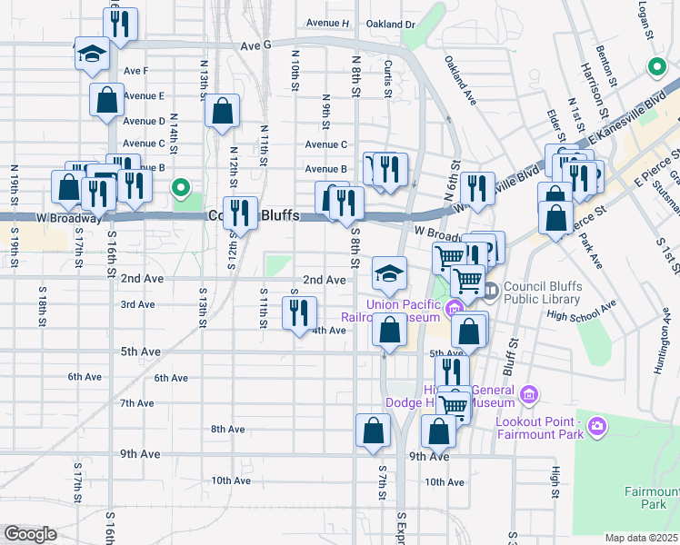 map of restaurants, bars, coffee shops, grocery stores, and more near 831 1st Avenue in Council Bluffs