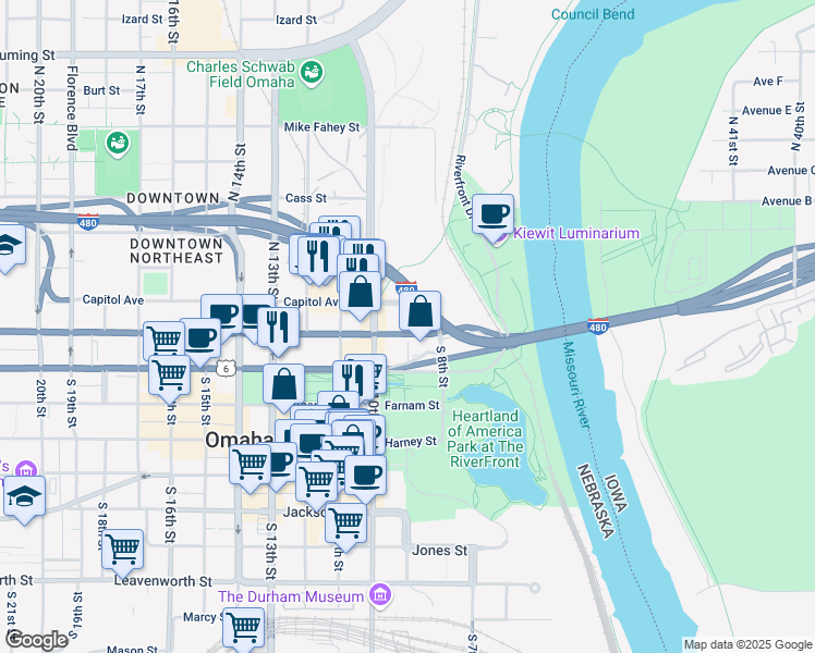map of restaurants, bars, coffee shops, grocery stores, and more near 112 North 9th Street in Omaha