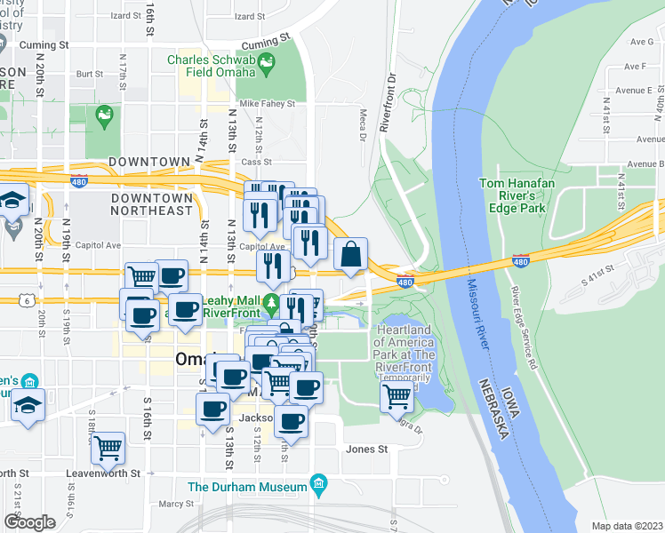 map of restaurants, bars, coffee shops, grocery stores, and more near 112 North 9th Street in Omaha