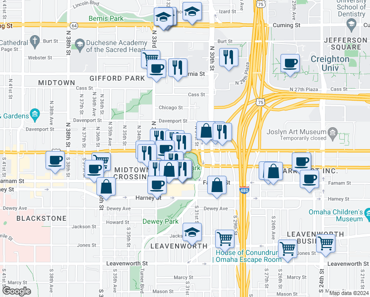 map of restaurants, bars, coffee shops, grocery stores, and more near 120 North 31st Avenue in Omaha