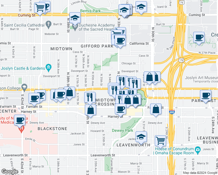 map of restaurants, bars, coffee shops, grocery stores, and more near 125 North 34th Street in Omaha