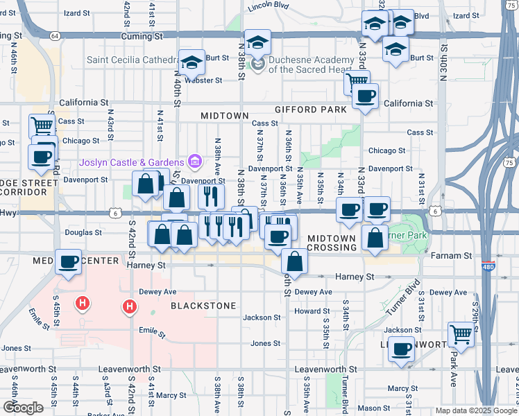 map of restaurants, bars, coffee shops, grocery stores, and more near 124 North 38th Street in Omaha