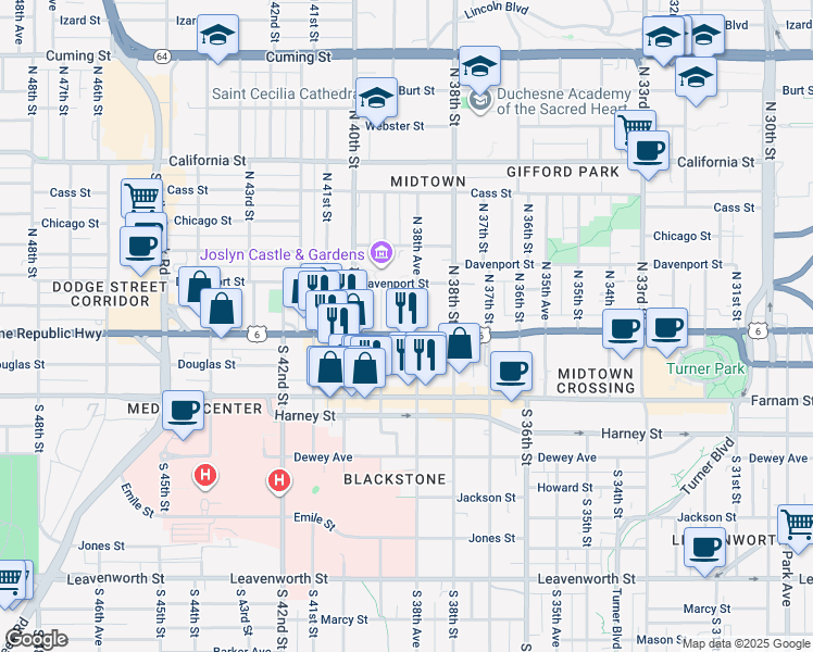 map of restaurants, bars, coffee shops, grocery stores, and more near 125 North 39th Street in Omaha