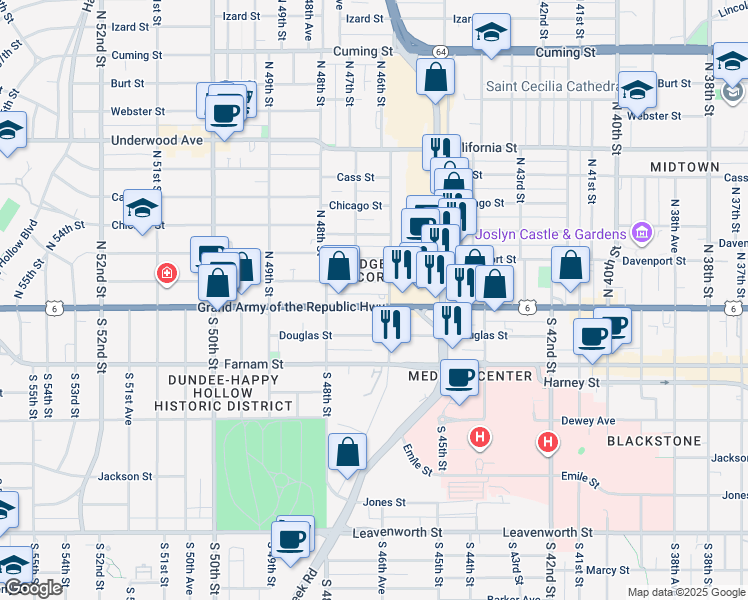 map of restaurants, bars, coffee shops, grocery stores, and more near 4650 Capitol Avenue in Omaha