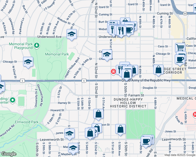 map of restaurants, bars, coffee shops, grocery stores, and more near 108 North 52nd Street in Omaha