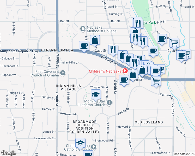 map of restaurants, bars, coffee shops, grocery stores, and more near 8572 Indian Hills Drive in Omaha