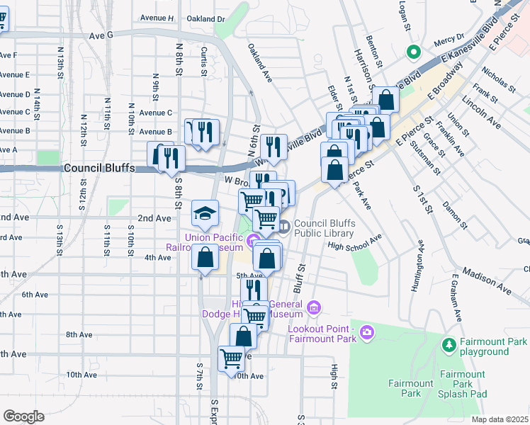 map of restaurants, bars, coffee shops, grocery stores, and more near 38 Pearl Street in Council Bluffs