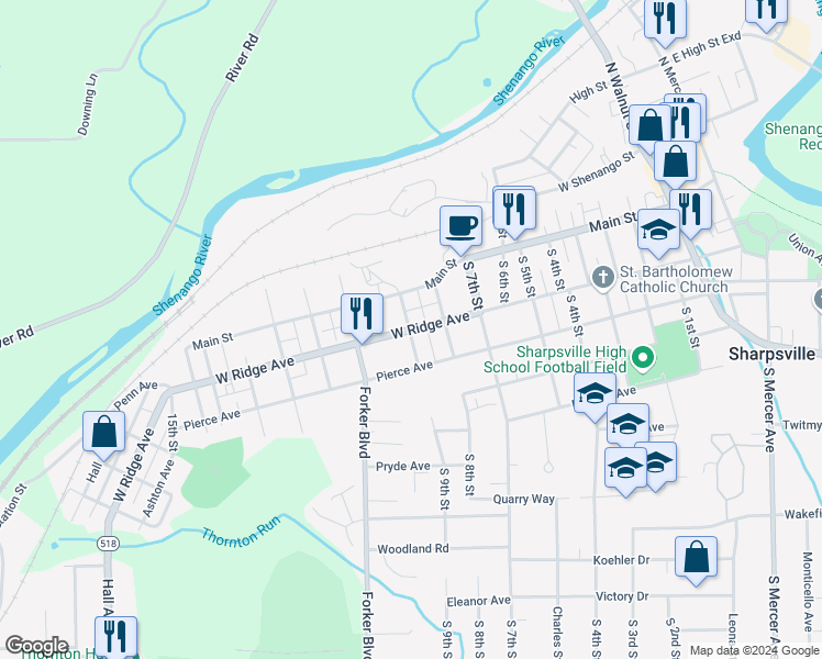 map of restaurants, bars, coffee shops, grocery stores, and more near 898 West Ridge Avenue in Sharpsville