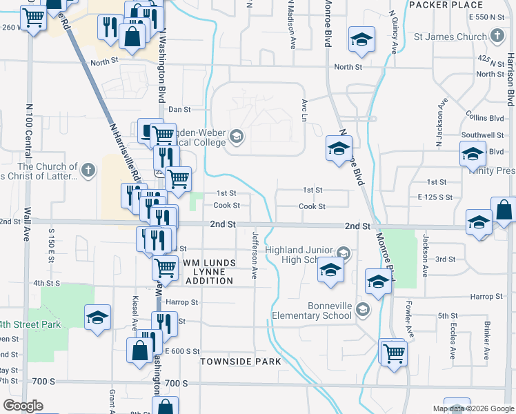 map of restaurants, bars, coffee shops, grocery stores, and more near 152 Jefferson Avenue in Ogden