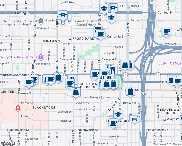 map of restaurants, bars, coffee shops, grocery stores, and more near 125 North 34th Street in Omaha