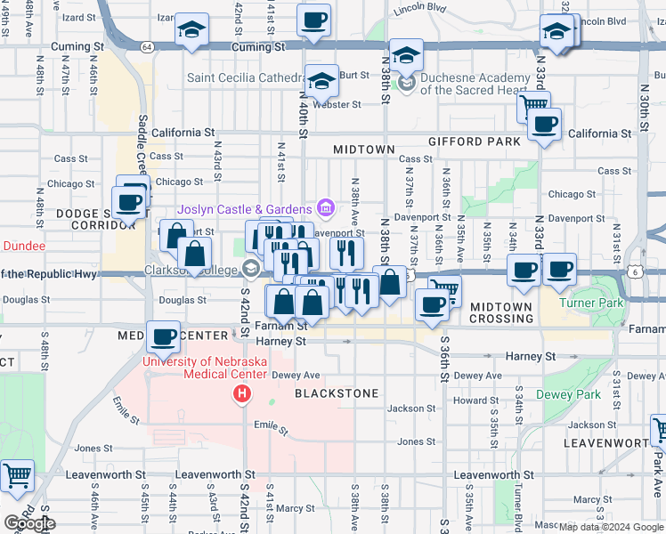 map of restaurants, bars, coffee shops, grocery stores, and more near 101 North 39th Street in Omaha