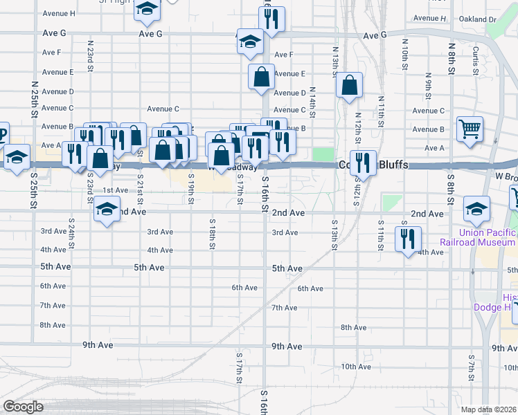 map of restaurants, bars, coffee shops, grocery stores, and more near 100 South 16th Street in Council Bluffs