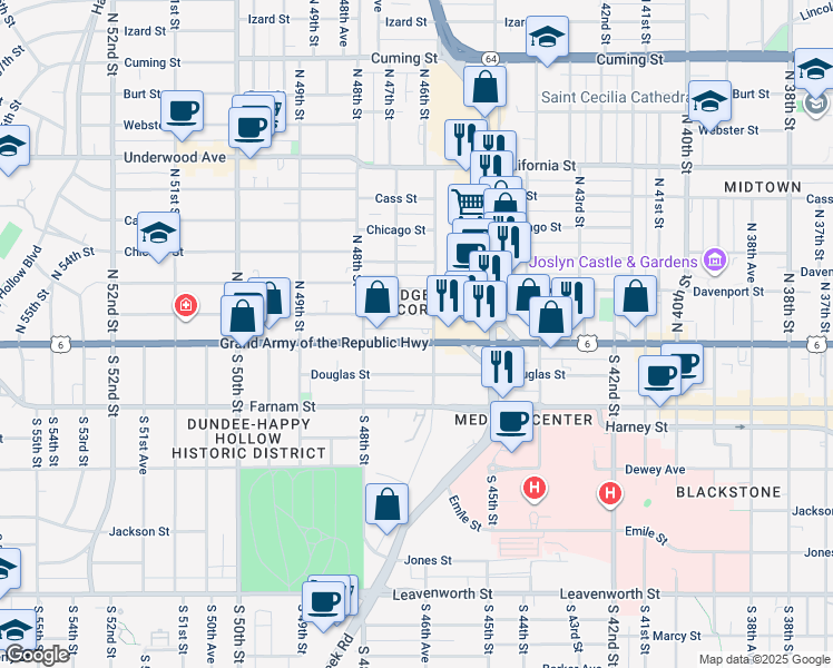map of restaurants, bars, coffee shops, grocery stores, and more near 4610 Dodge Street in Omaha