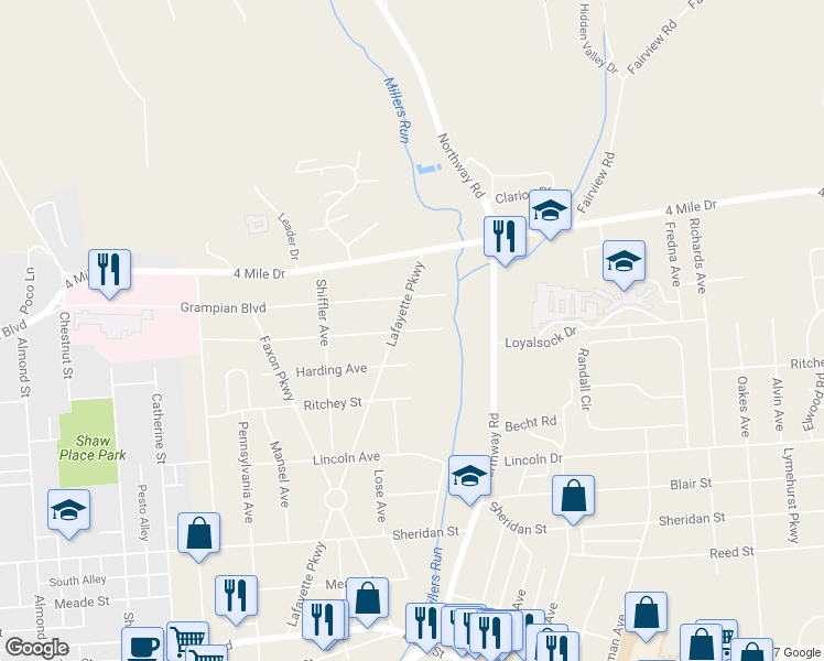 map of restaurants, bars, coffee shops, grocery stores, and more near 1635 Elliott Street in Williamsport