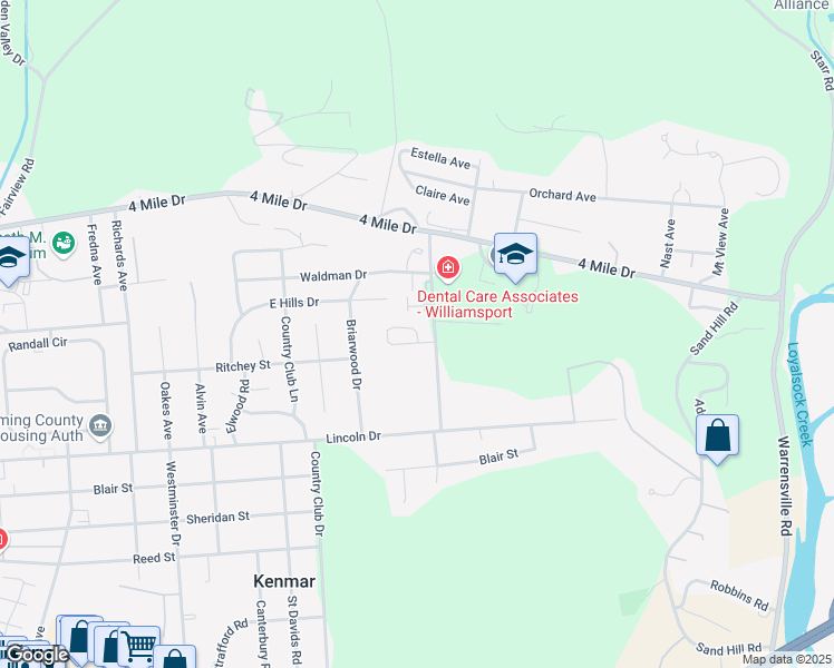 map of restaurants, bars, coffee shops, grocery stores, and more near 2652 Haas Lane in Montoursville