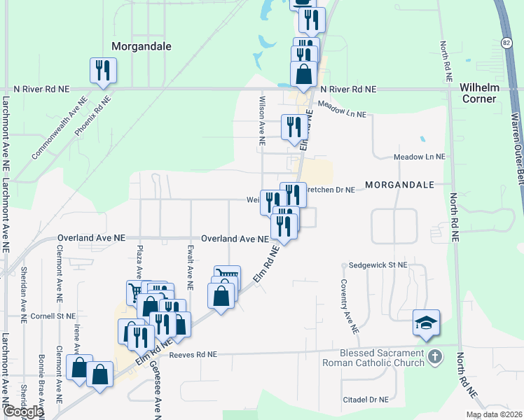 map of restaurants, bars, coffee shops, grocery stores, and more near 2628 Weir Road Northeast in Warren