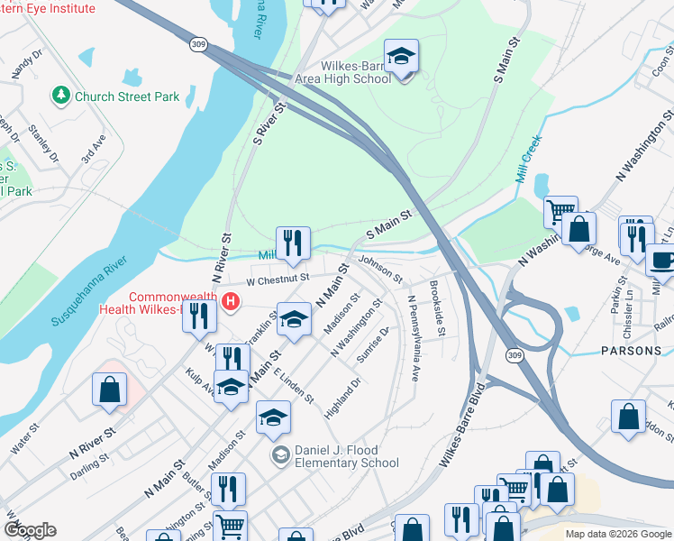 map of restaurants, bars, coffee shops, grocery stores, and more near 233 Sycamore Street in Wilkes-Barre