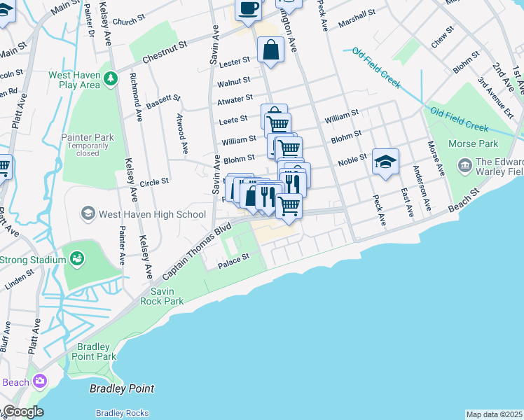 map of restaurants, bars, coffee shops, grocery stores, and more near 279 Captain Thomas Boulevard in West Haven