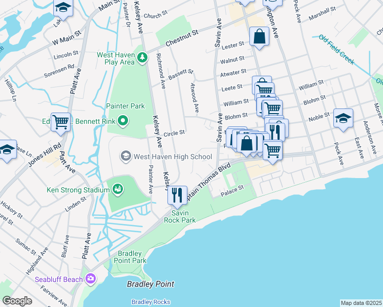 map of restaurants, bars, coffee shops, grocery stores, and more near 43 Savin Park in West Haven