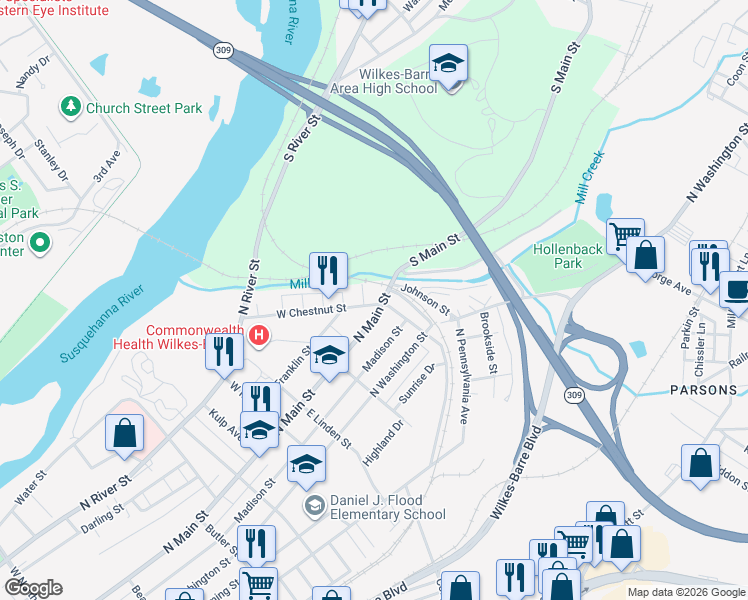 map of restaurants, bars, coffee shops, grocery stores, and more near 233 Sycamore Street in Wilkes-Barre