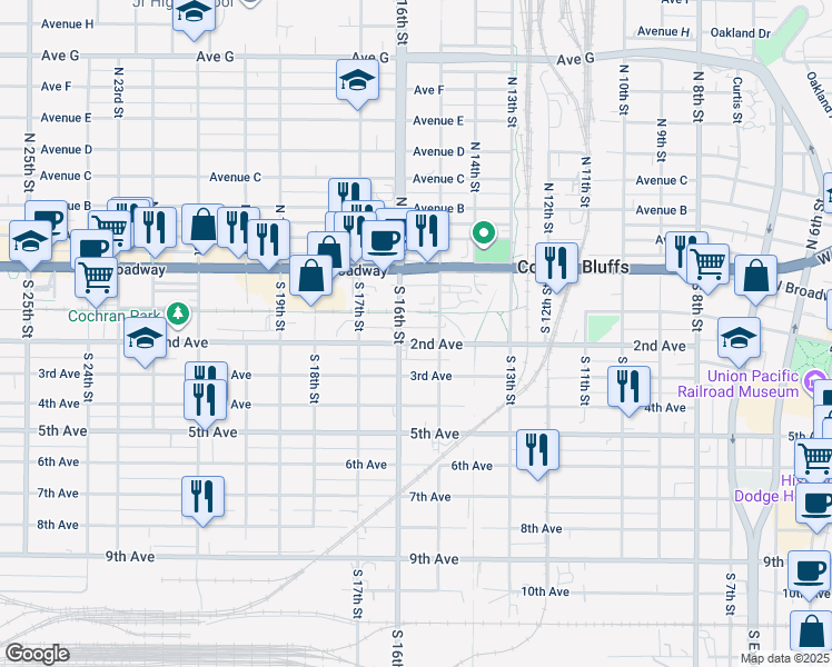 map of restaurants, bars, coffee shops, grocery stores, and more near 108 1/2 South 15th Street in Council Bluffs
