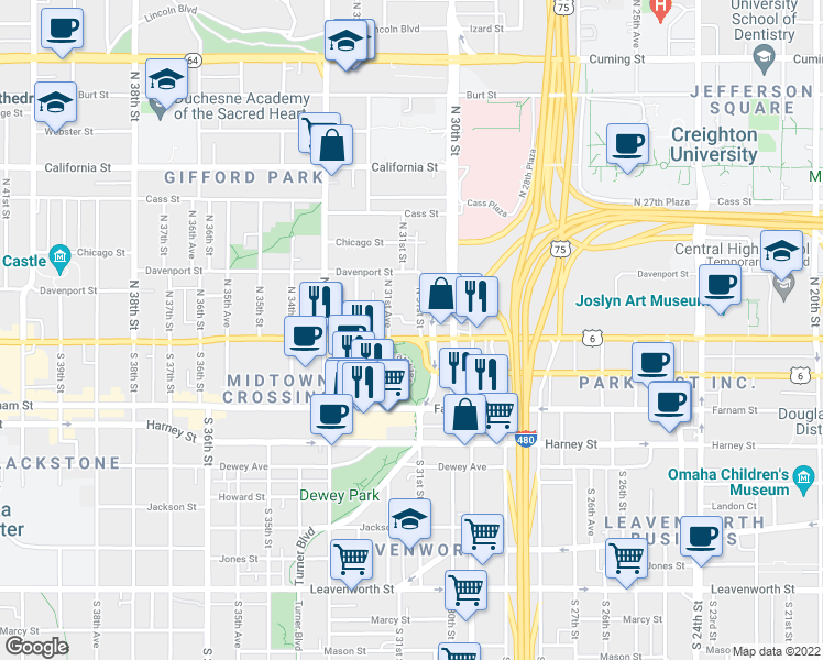 map of restaurants, bars, coffee shops, grocery stores, and more near 120 North 31st Street in Omaha