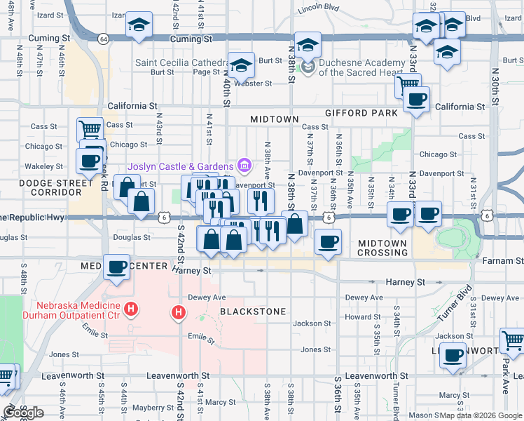 map of restaurants, bars, coffee shops, grocery stores, and more near 125 North 39th Street in Omaha