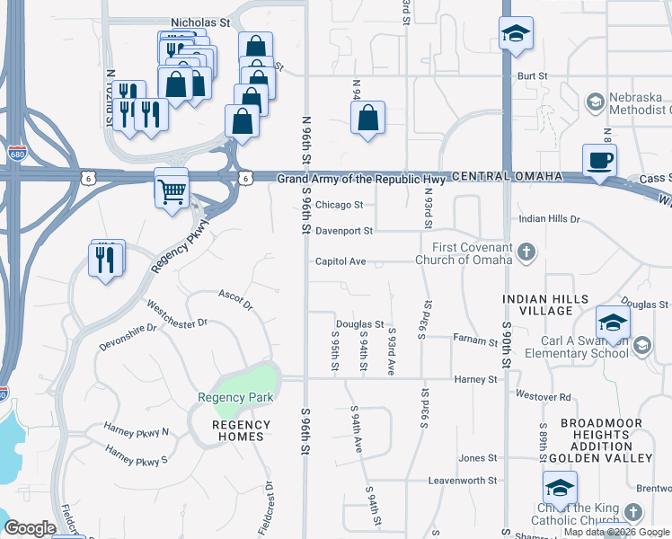 map of restaurants, bars, coffee shops, grocery stores, and more near 9424 Capitol Avenue in Omaha