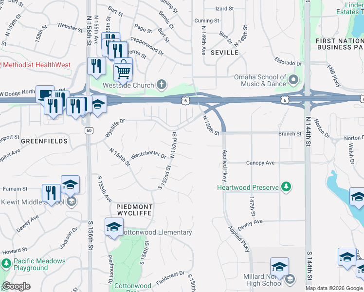 map of restaurants, bars, coffee shops, grocery stores, and more near 15116 Davenport Circle in Omaha