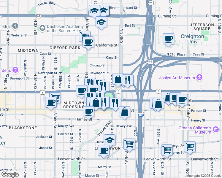map of restaurants, bars, coffee shops, grocery stores, and more near 3102 Dodge Street in Omaha