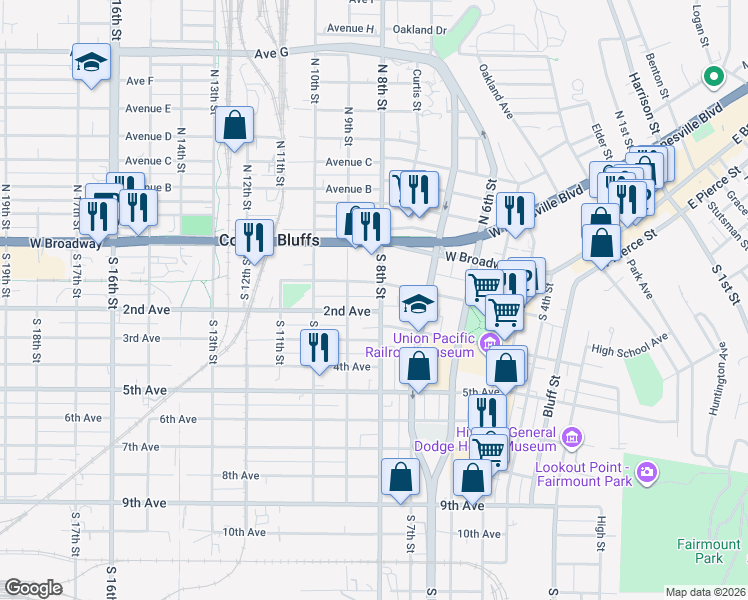 map of restaurants, bars, coffee shops, grocery stores, and more near 118 South 8th Street in Council Bluffs